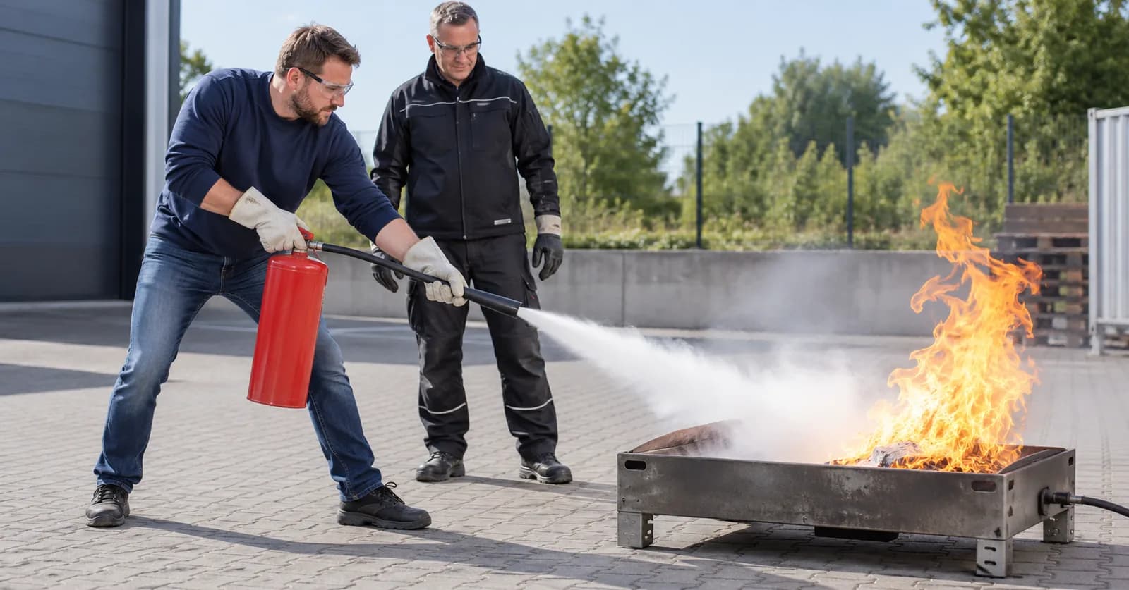Ein Teilnehmer übt unter Anleitung den Einsatz eines Feuerlöschers