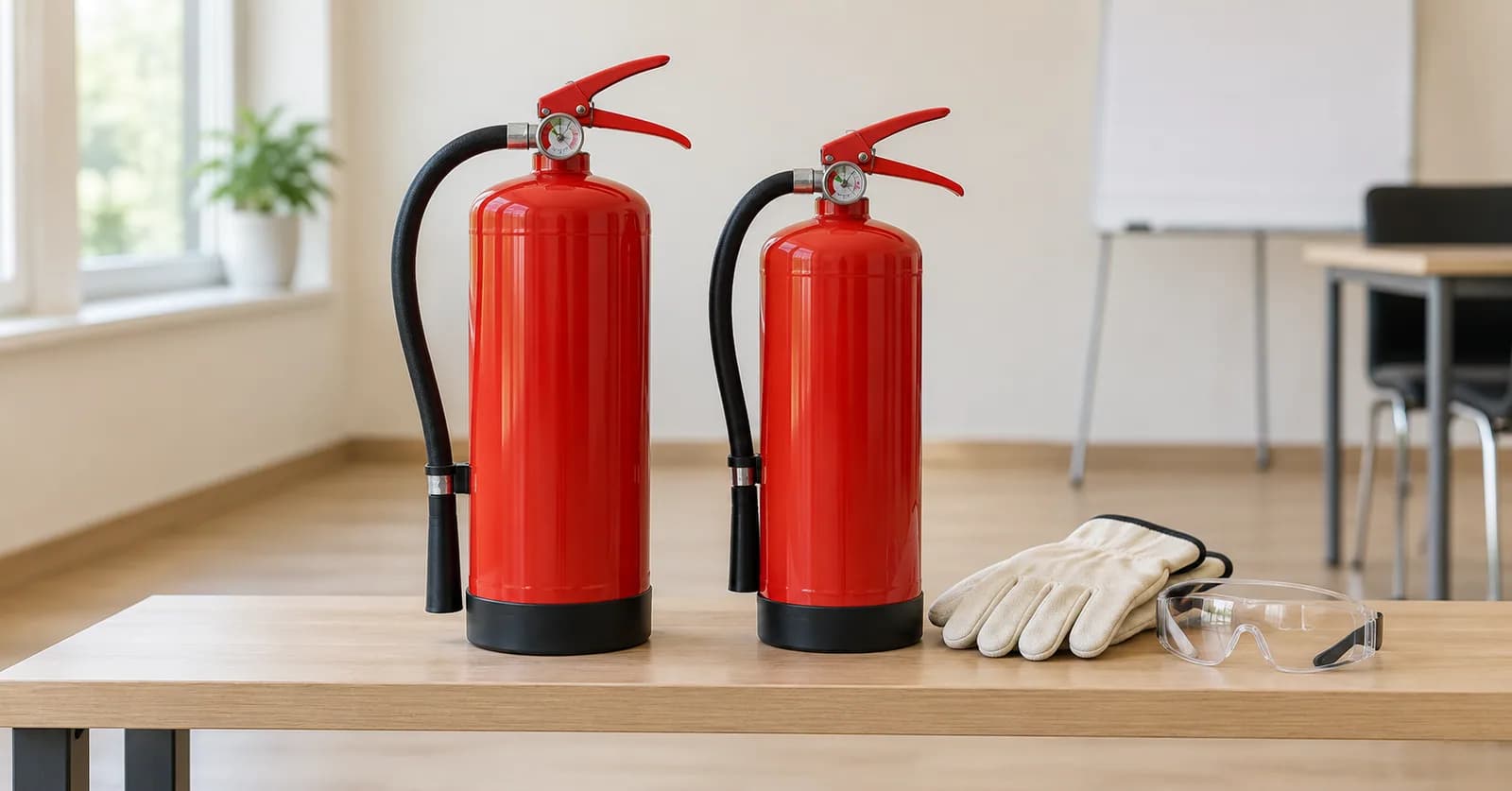 Zwei rote Feuerlöscher mit Schläuchen neben Schutzhandschuhen und einer Schutzbrille