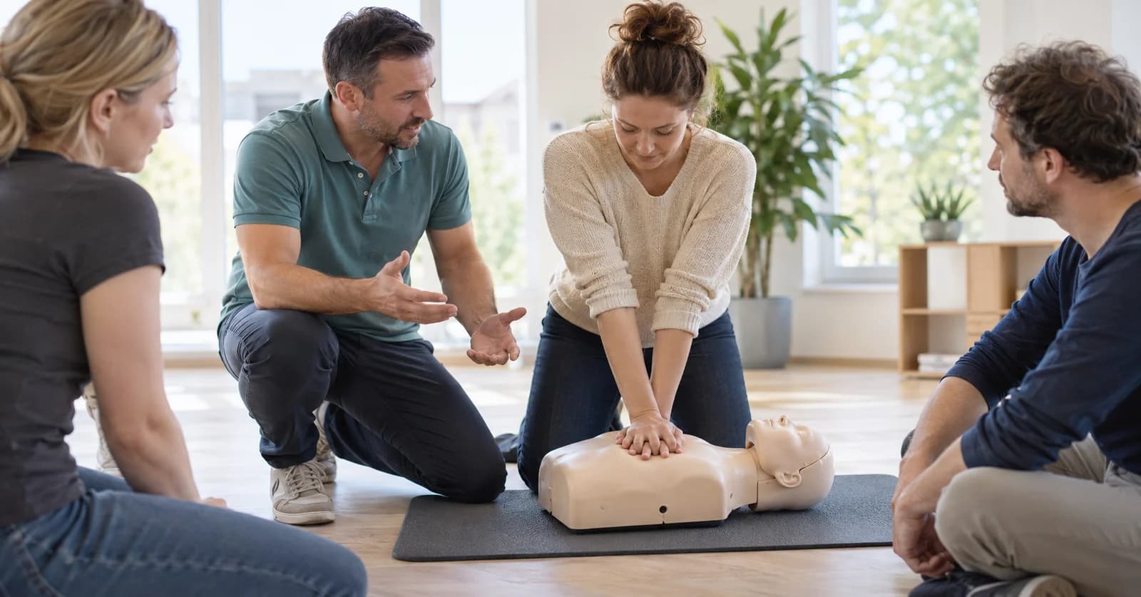 Teilnehmende üben die Wiederbelebung an einer Trainingspuppe mit einem Ausbilder