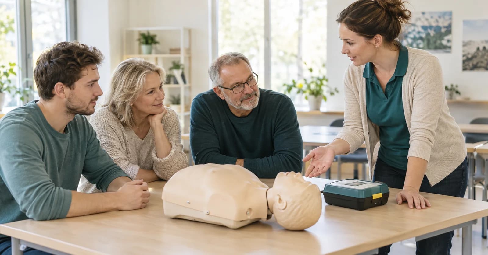 Eine Kursgruppe lernt Erste Hilfe mit einer Ausbilderin, Trainingspuppe und Übungsdefibrillator