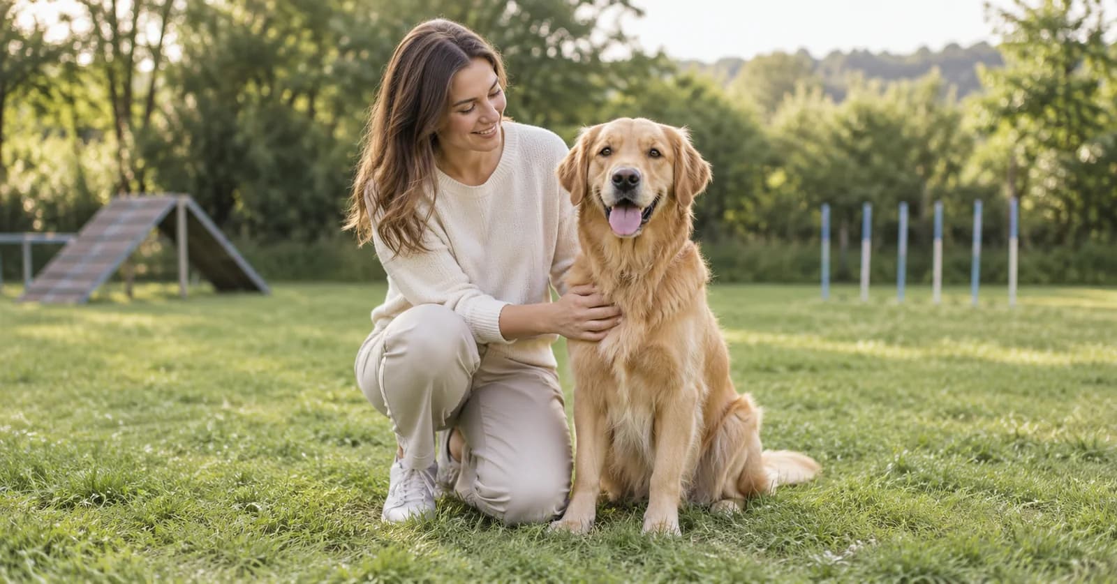 Eine Hundehalterin sitzt mit ihrem Hund auf einer Wiese