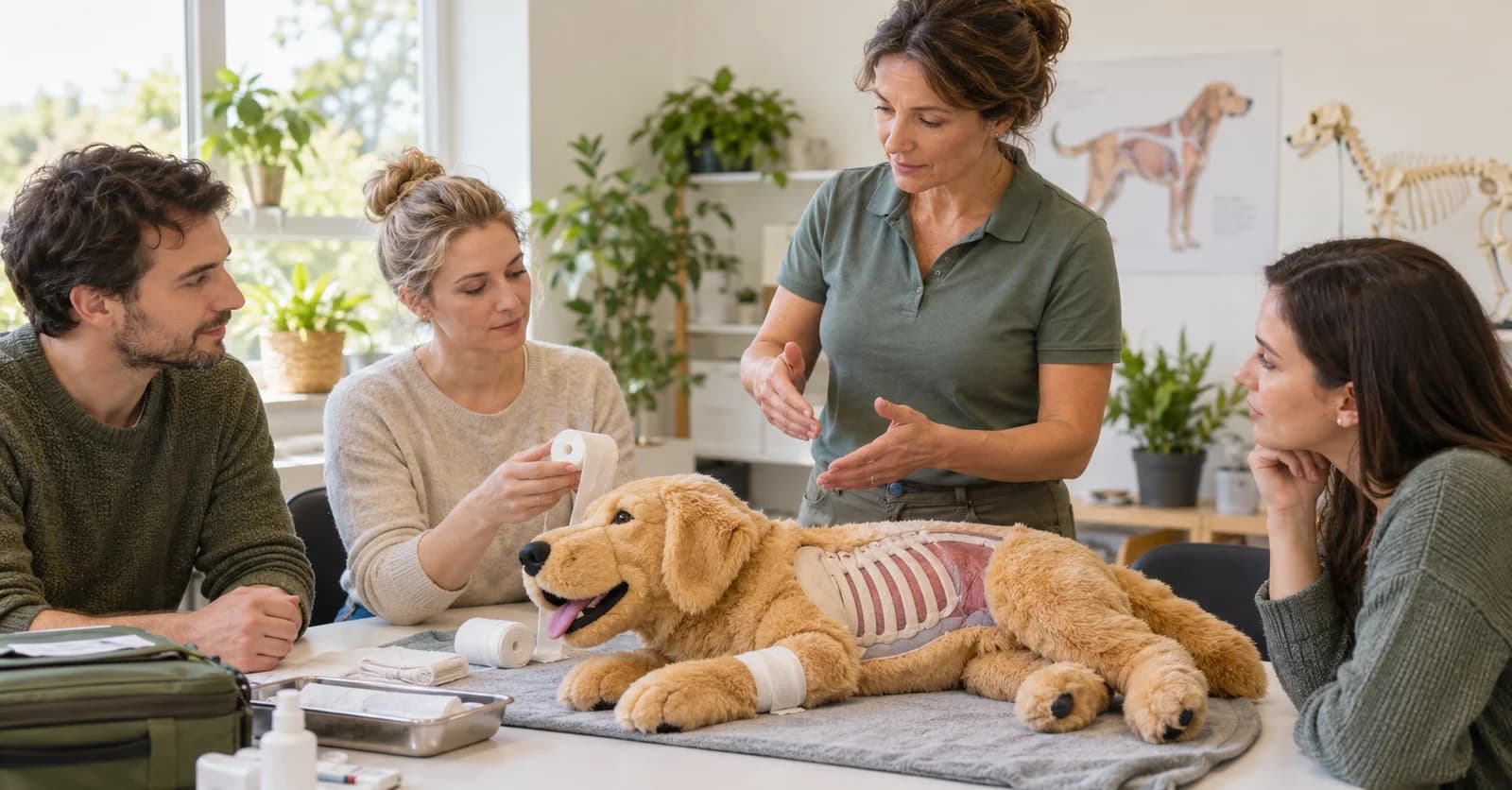 Teilnehmende üben Erste Hilfe an einem Hunde-Trainingsmodell