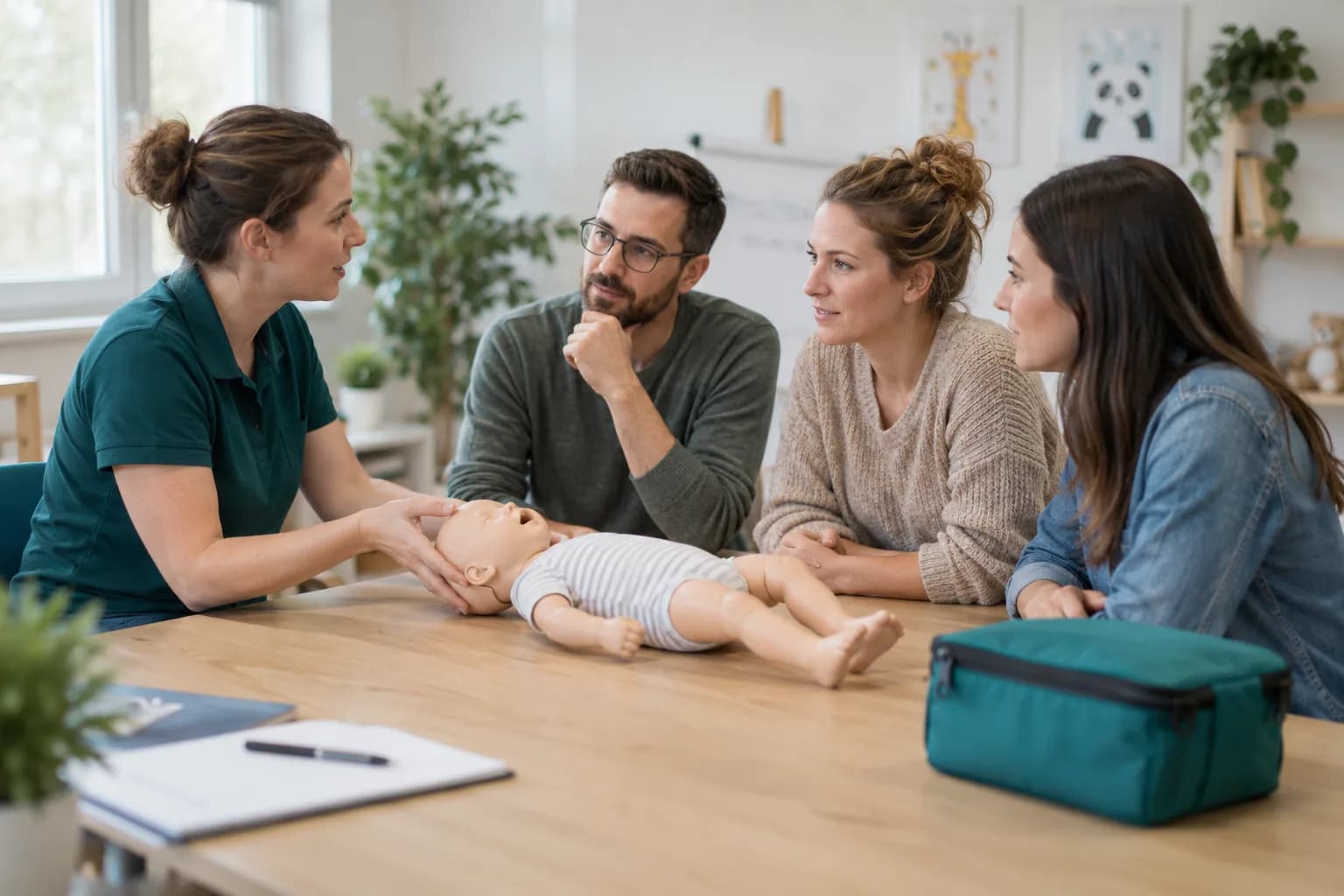 Eine Ausbilderin erklärt Eltern Erste Hilfe an einer Säuglings-Trainingspuppe