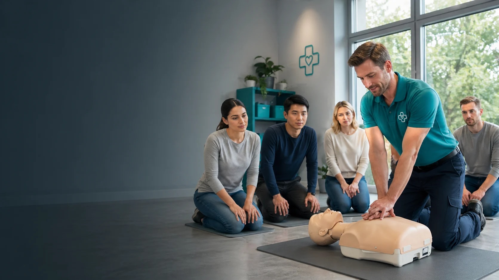 Teilnehmer üben Herzdruckmassage in einem modernen Erste-Hilfe-Kurs